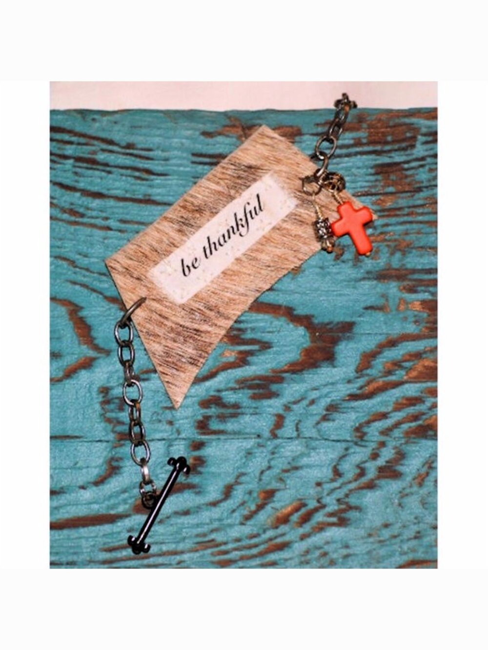 Be Thankful Leather & Chain Bracelet Stone Cross Charms Mindfulness Jewelry